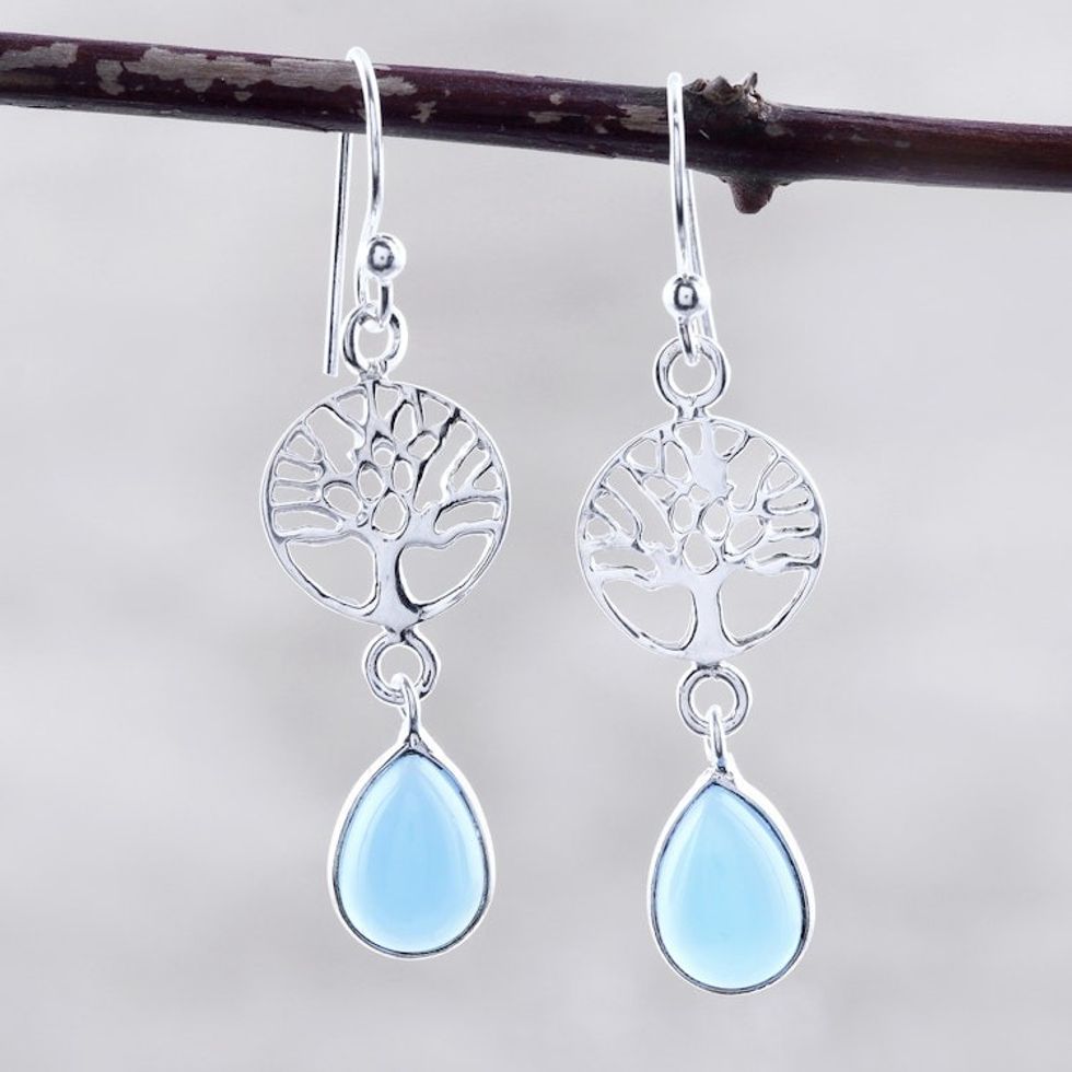 Sterling Silver and Chalcedony Dangle Earrings 'Sky Tree'