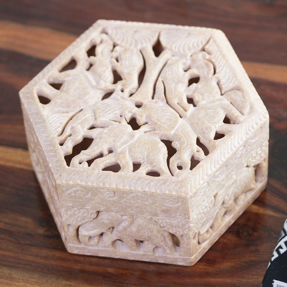 Handcrafted Animal Motif Soapstone Jewelry Box from India 'Jungle Unity'