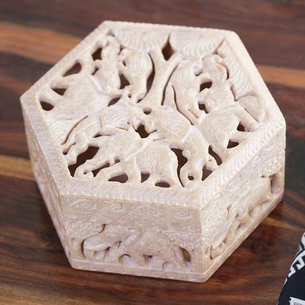 Alternate image for Handcrafted Animal Motif Soapstone Jewelry Box from India Jungle Unity