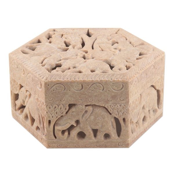 Alternate image for Handcrafted Animal Motif Soapstone Jewelry Box from India Jungle Unity