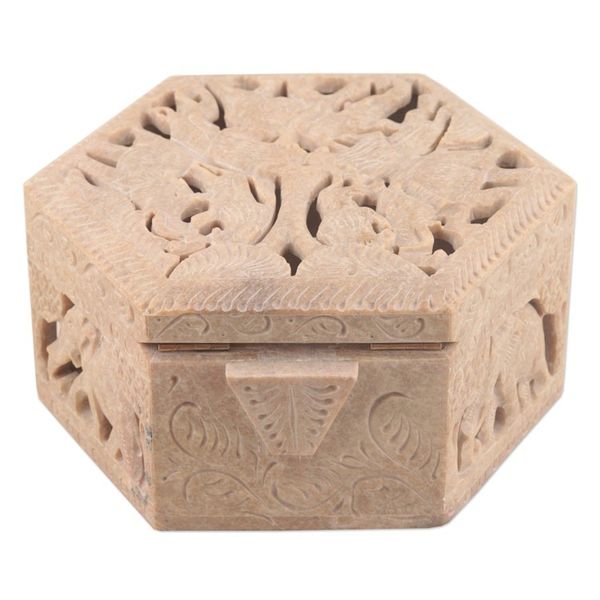 Alternate image for Handcrafted Animal Motif Soapstone Jewelry Box from India Jungle Unity
