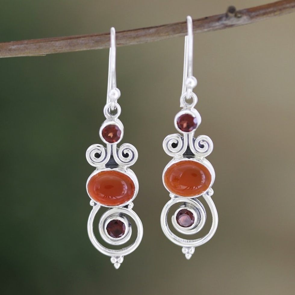 Handmade Garnet and Carnelian Dangle Earrings 'Fiery Spiral'