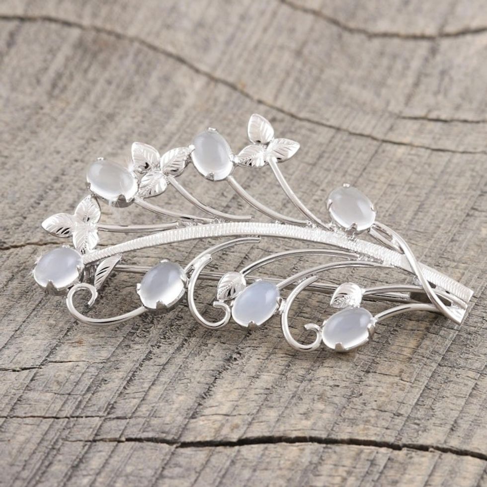 Rhodium-Plated Sterling Silver Moonstone Brooch 'Remembered Dream'
