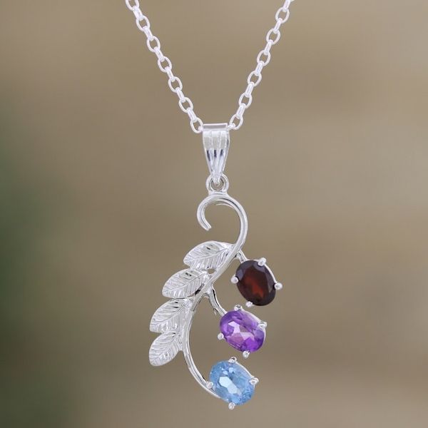 Alternate image for Rhodium-Plated Garnet and Amethyst Pendant Necklace Three of a Kind