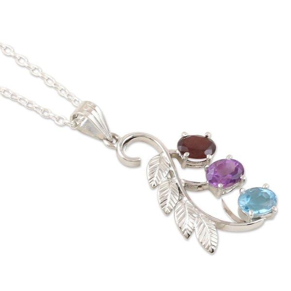 Alternate image for Rhodium-Plated Garnet and Amethyst Pendant Necklace Three of a Kind