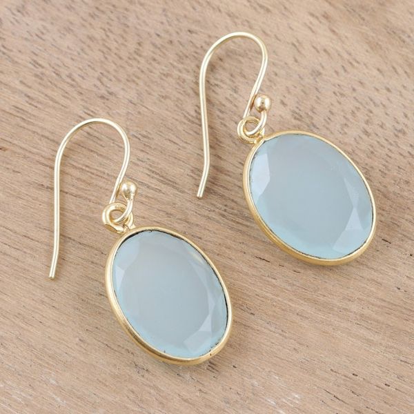 Alternate image for Chalcedony Earrings in 22k Gold Plated Sterling Silver Refreshing Aqua