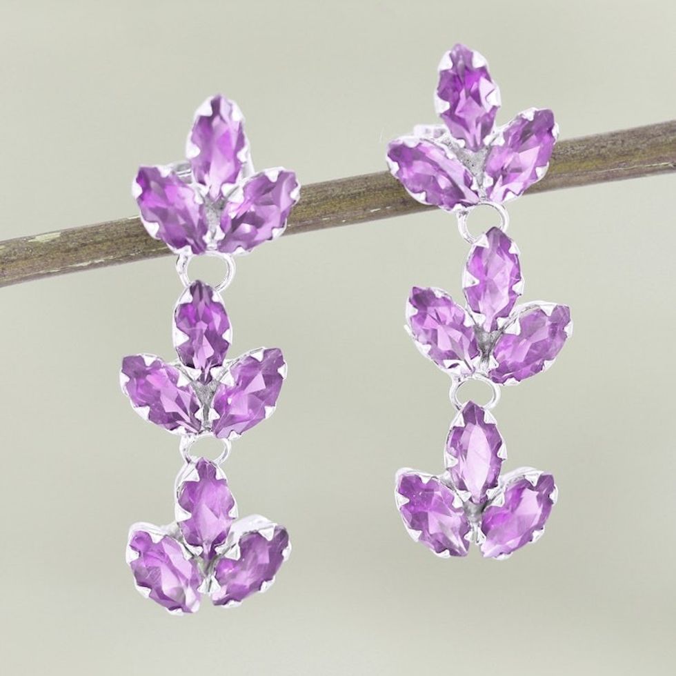 Rhodium-Plated Sterling Silver Amethyst Earrings 'Violet Leaves'