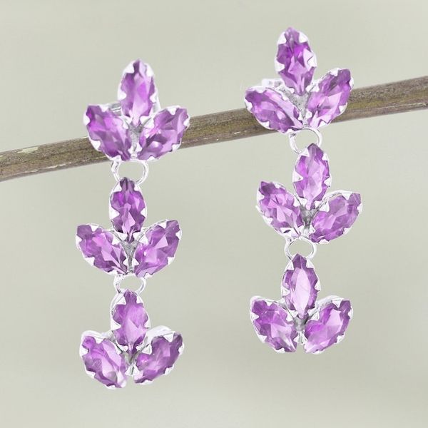 Alternate image for Rhodium-Plated Sterling Silver Amethyst Earrings Violet Leaves