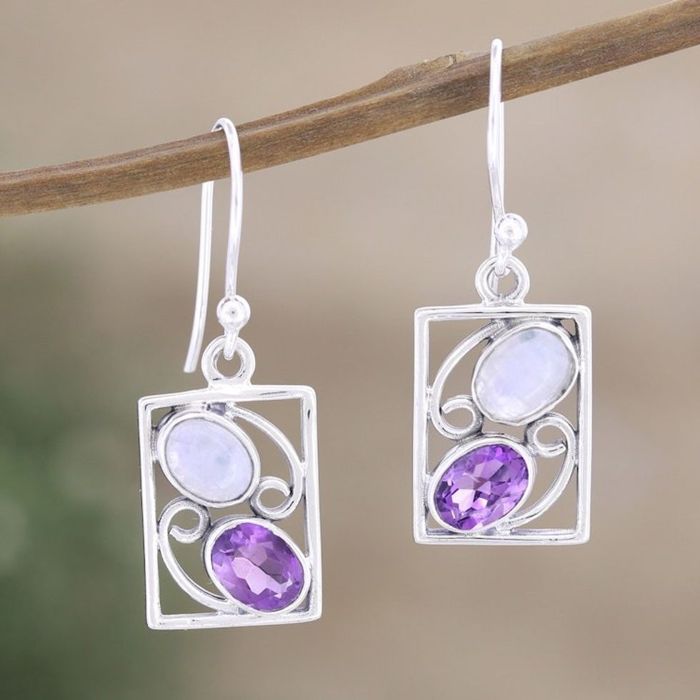 Handmade Amethyst and Rainbow Moonstone Earrings 'Sweet Companions'