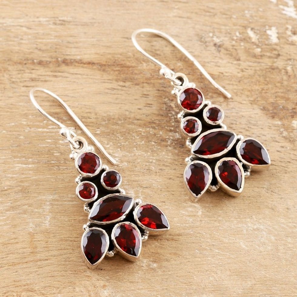 Sterling Silver and Garnet Dangle Earrings 'Radiant Tower'