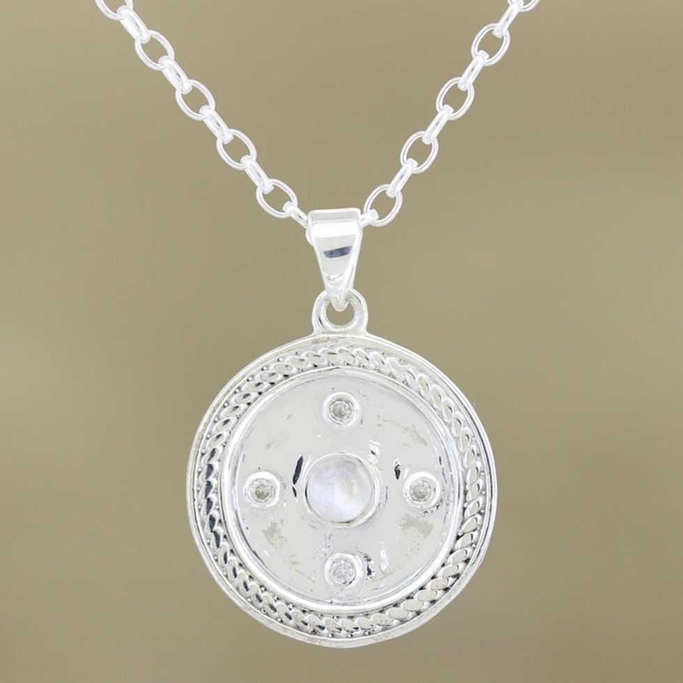 Rainbow Moonstone and Cubic Zirconia Pendant Necklace 'Surround'