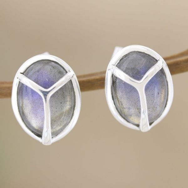 Alternate image for Labradorite and Button Earrings with Peace Sign Motif Make Peace in Grey