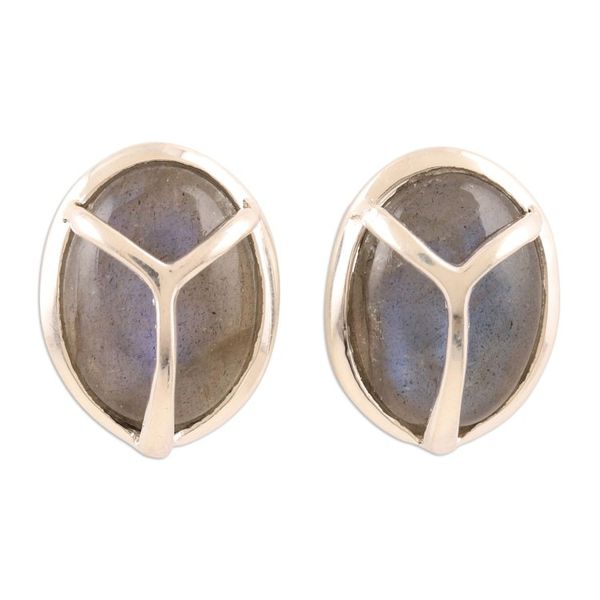 Alternate image for Labradorite and Button Earrings with Peace Sign Motif Make Peace in Grey