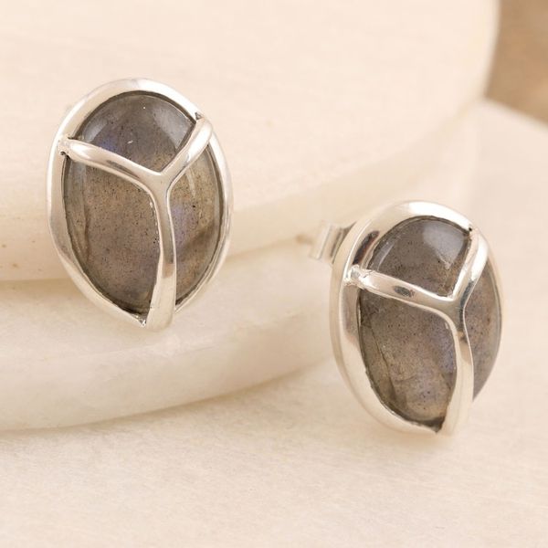 Alternate image for Labradorite and Button Earrings with Peace Sign Motif Make Peace in Grey