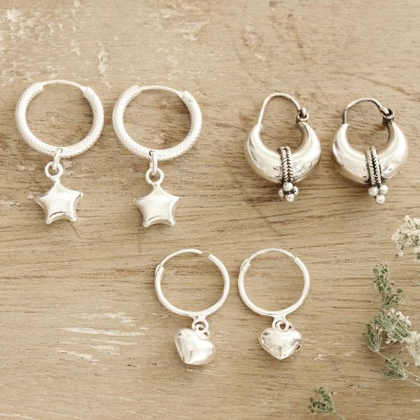Alternate image for Hand Crafted Sterling Silver Hoop Earrings Heart and Star
