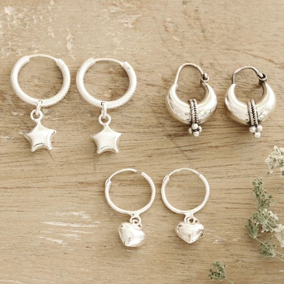 Hand Crafted Sterling Silver Hoop Earrings 'Heart and Star'
