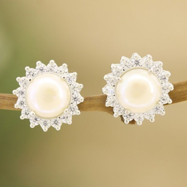 Alternate image for Cultured Pearl and Cubic Zirconia Button Earrings from India Floral Glow