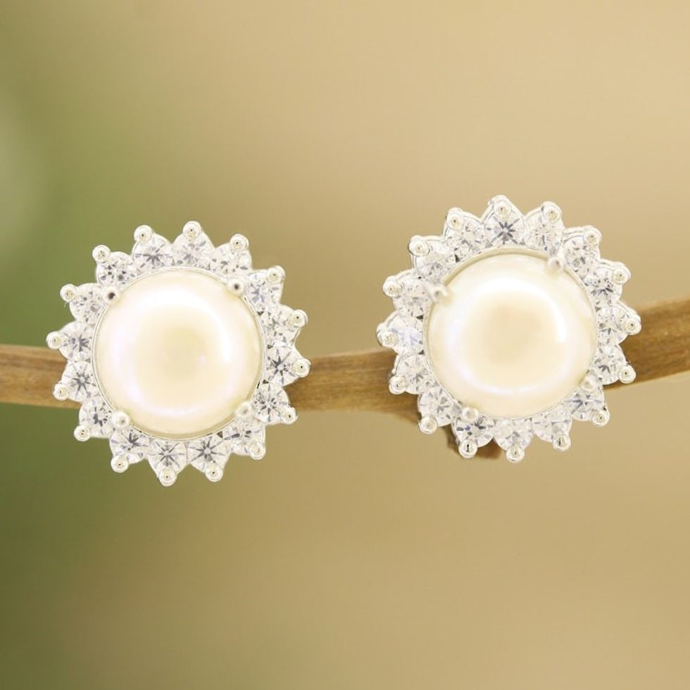 Cultured Pearl and Cubic Zirconia Button Earrings from India 'Floral Glow'