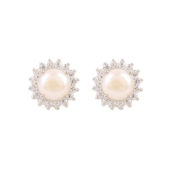 Alternate image for Cultured Pearl and Cubic Zirconia Button Earrings from India Floral Glow