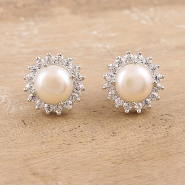 Alternate image for Cultured Pearl and Cubic Zirconia Button Earrings from India Floral Glow