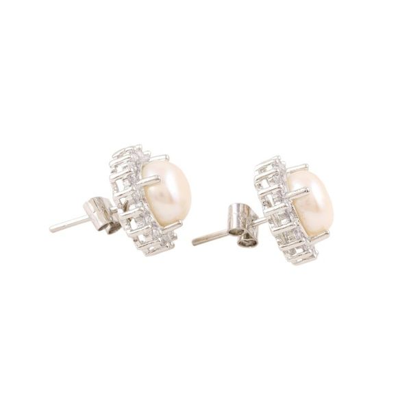 Alternate image for Cultured Pearl and Cubic Zirconia Button Earrings from India Floral Glow
