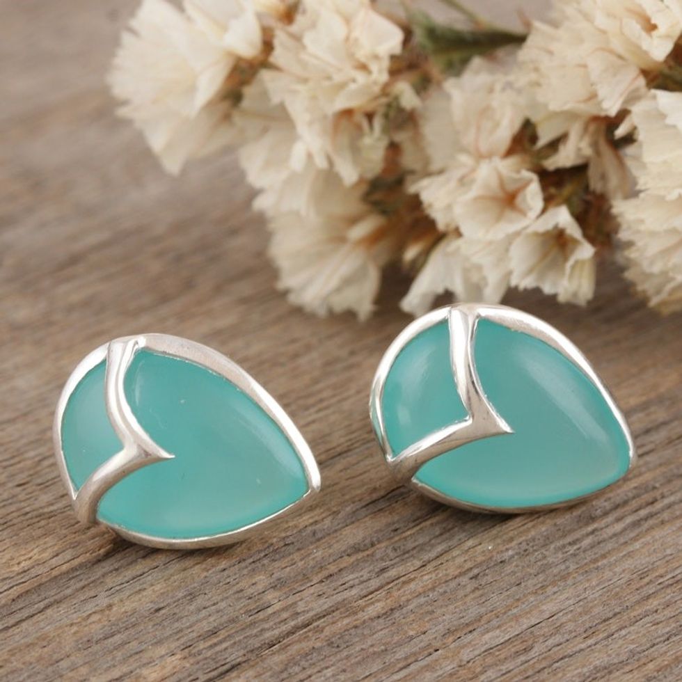 Hand Made Chalcedony and Sterling Silver Button Earrings 'Water Drop in Green'