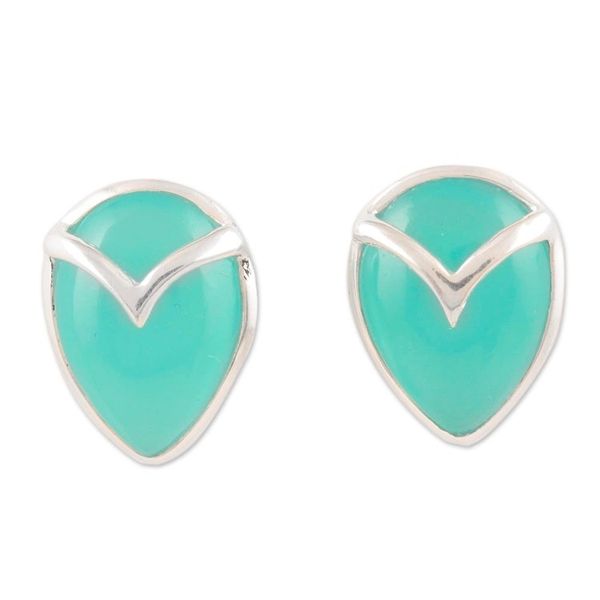 Alternate image for Hand Made Chalcedony and Sterling Silver Button Earrings Water Drop in Green
