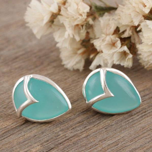 Alternate image for Hand Made Chalcedony and Sterling Silver Button Earrings Water Drop in Green