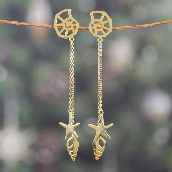 Alternate image for Sea-Life-Themed Brass Statement Dangle Earrings from India Underwater Glory