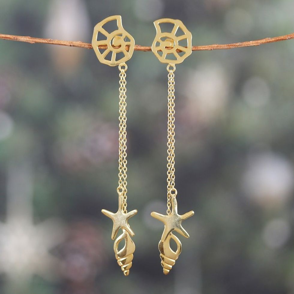 Sea-Life-Themed Brass Statement Dangle Earrings from India 'Underwater Glory'