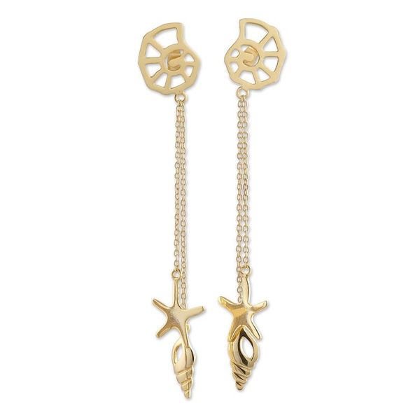 Alternate image for Sea-Life-Themed Brass Statement Dangle Earrings from India Underwater Glory