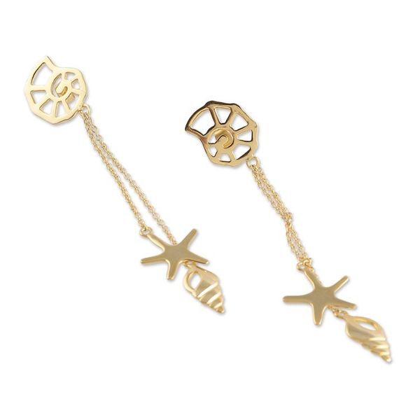 Alternate image for Sea-Life-Themed Brass Statement Dangle Earrings from India Underwater Glory