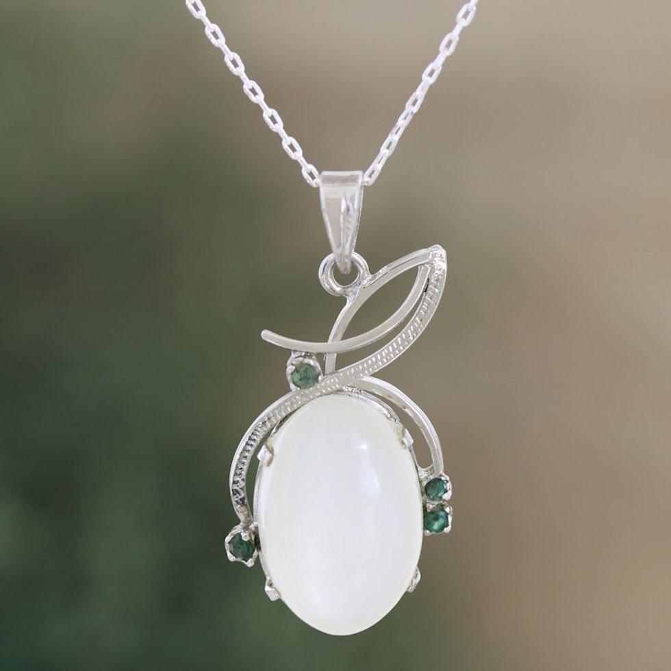 Rhodium-Plated Rainbow Moonstone and Emerald Necklace 'Hidden Gem'