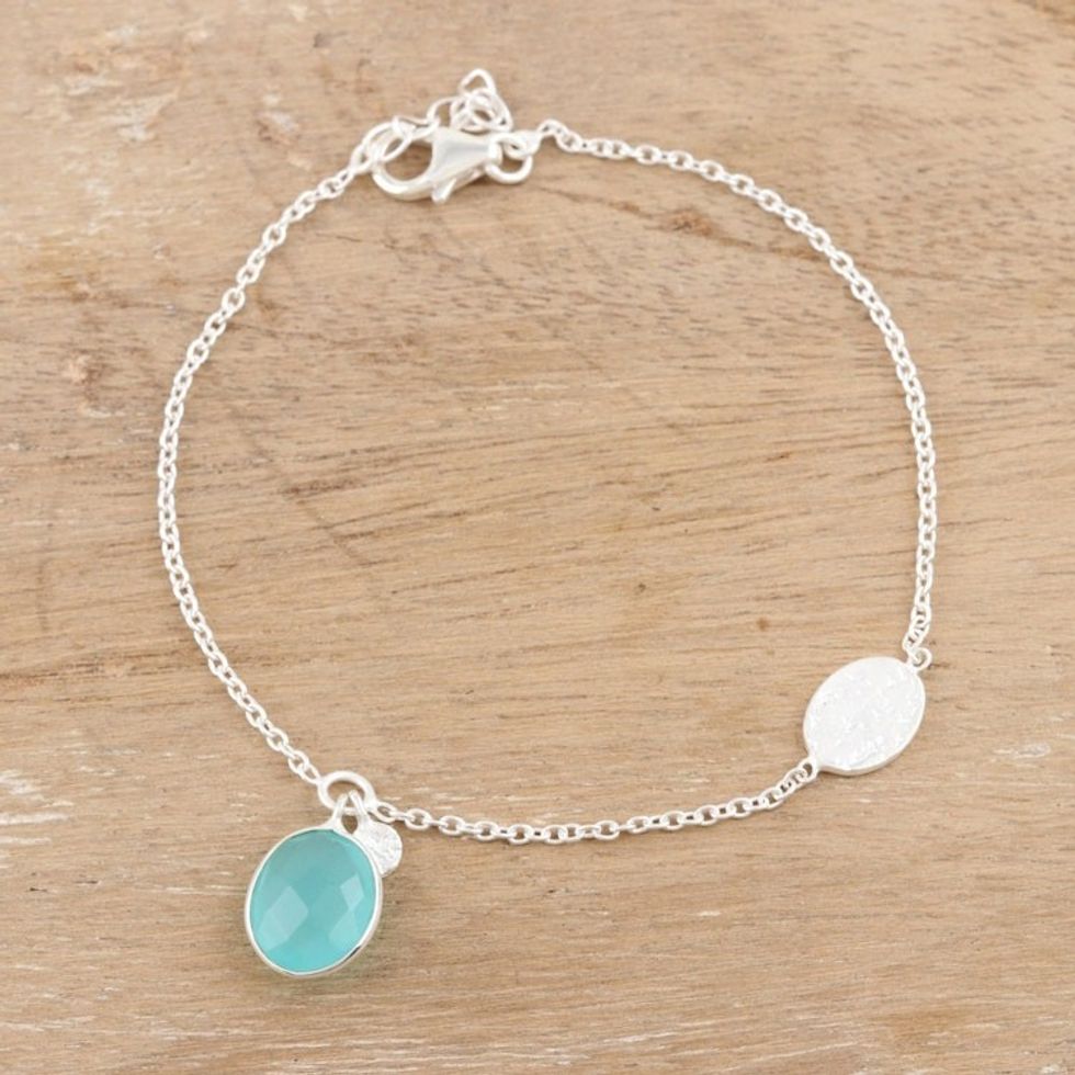 Handmade Sterling Silver Chalcedony Charm Bracelet 'Aqua Mirror'