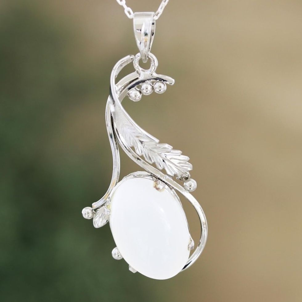 Rhodium-Plated Rainbow Moonstone Pendant Necklace 'Lunar Muse'