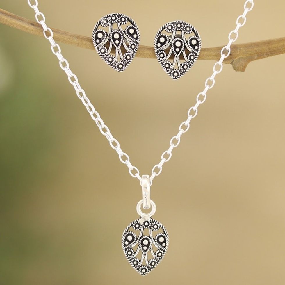 Earrings and Pendant Necklace Sterling Silver Jewelry Set 'Autumn Leaves'