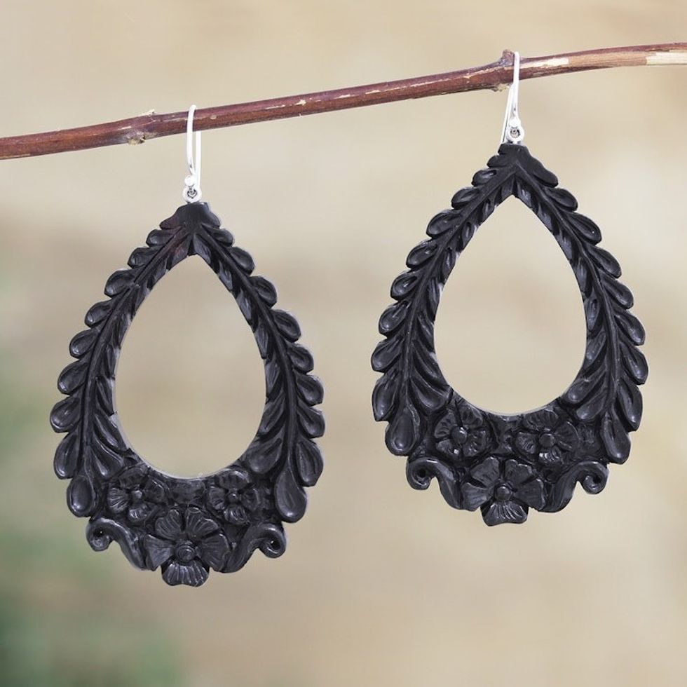 Ebony Wood Dangle Earring with Floral Motif 'Garden Whisper'