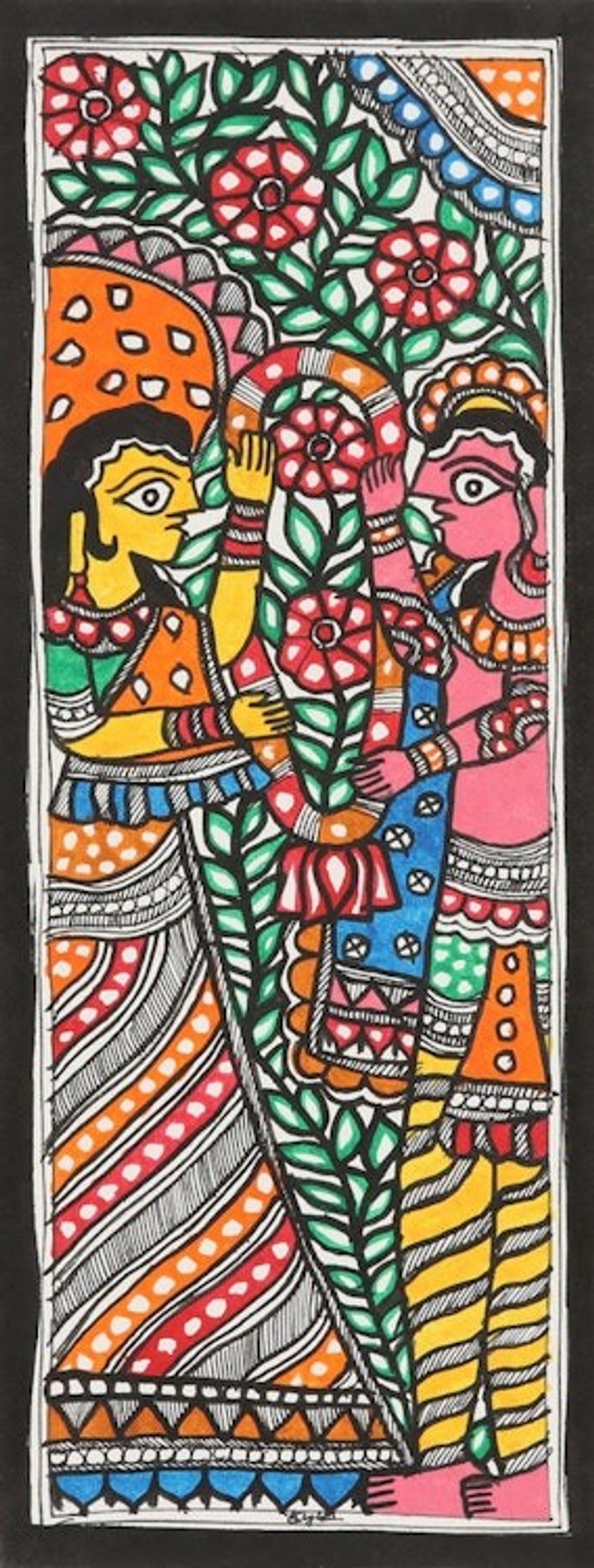 Signed Colorful Madhubani Painting of Sita and Rama 'Sita and Rama Marriage'