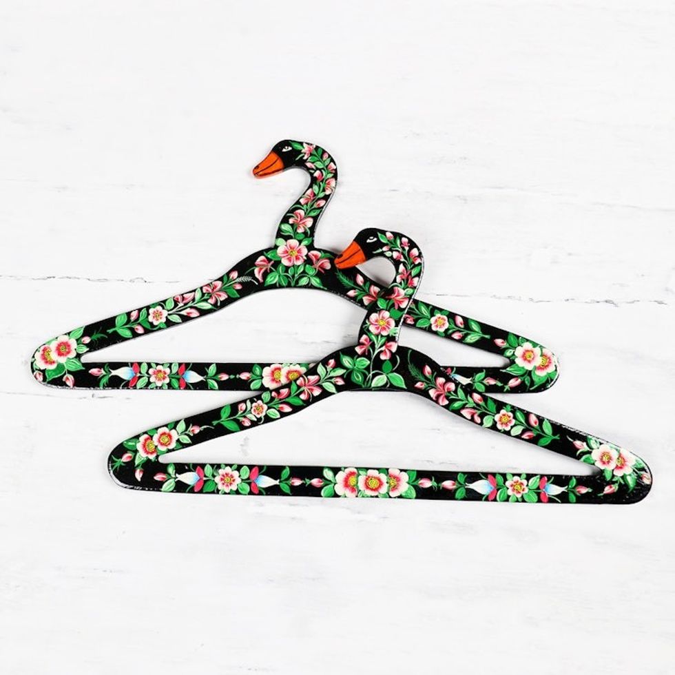 Handmade Floral-Motif Wood Hangers Pair 'Beauty of Kashmir in Black'