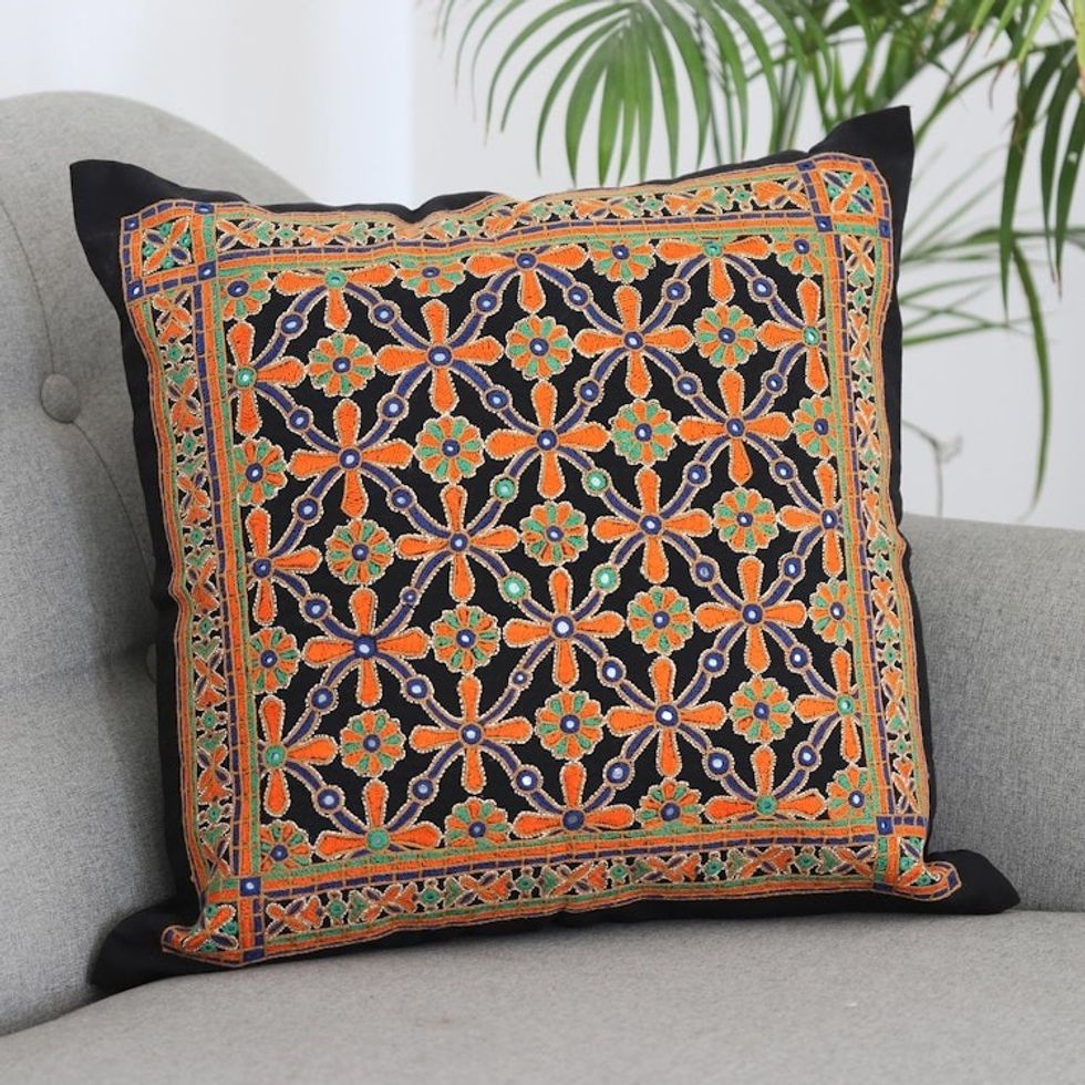 Embroidered Cotton Cushion Cover with Floral Motif 'Palace Maze'