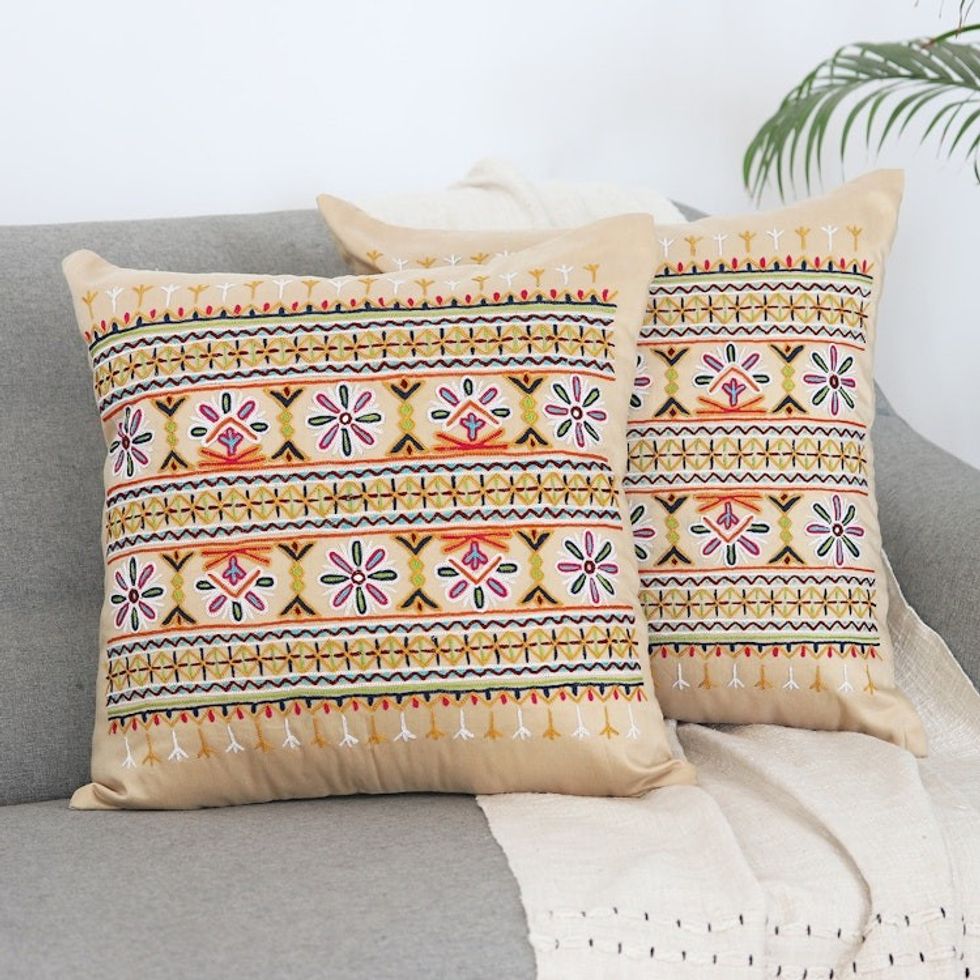 Embroidered Cotton Cushion Covers from India Set of 2 'Merry Meeting'