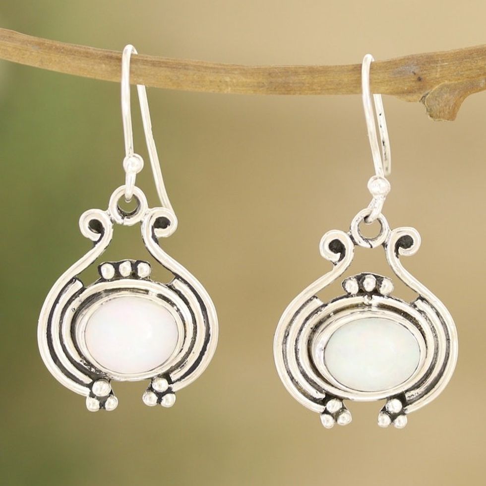Sterling Silver Dangle Earrings with Opal Stones from India 'Opal Opulence'