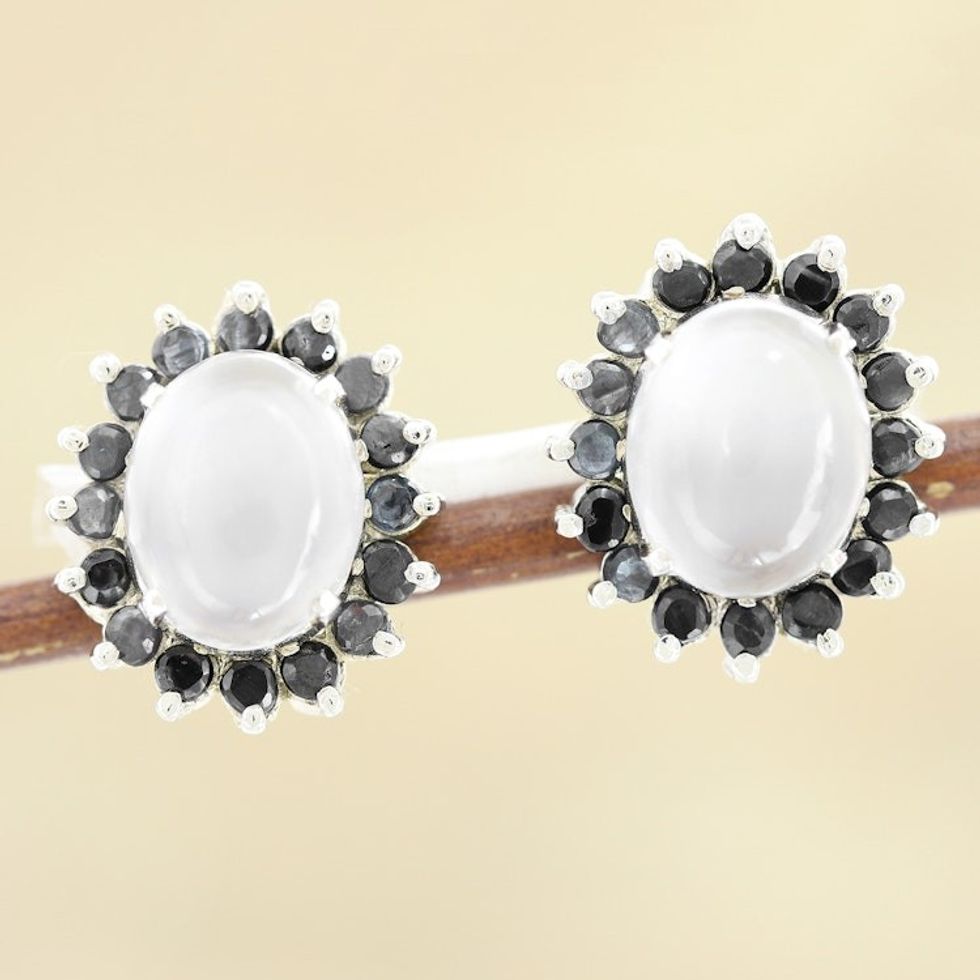 Rhodium-Plated Moonstone and Sapphire Button Earrings 'Midnight Joy'