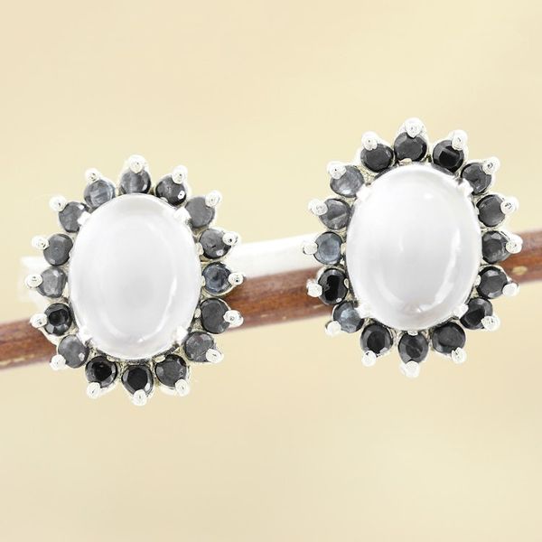 Alternate image for Rhodium-Plated Moonstone and Sapphire Button Earrings Midnight Joy
