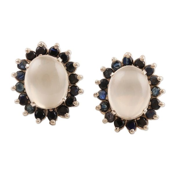 Alternate image for Rhodium-Plated Moonstone and Sapphire Button Earrings Midnight Joy