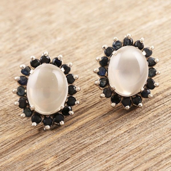 Alternate image for Rhodium-Plated Moonstone and Sapphire Button Earrings Midnight Joy