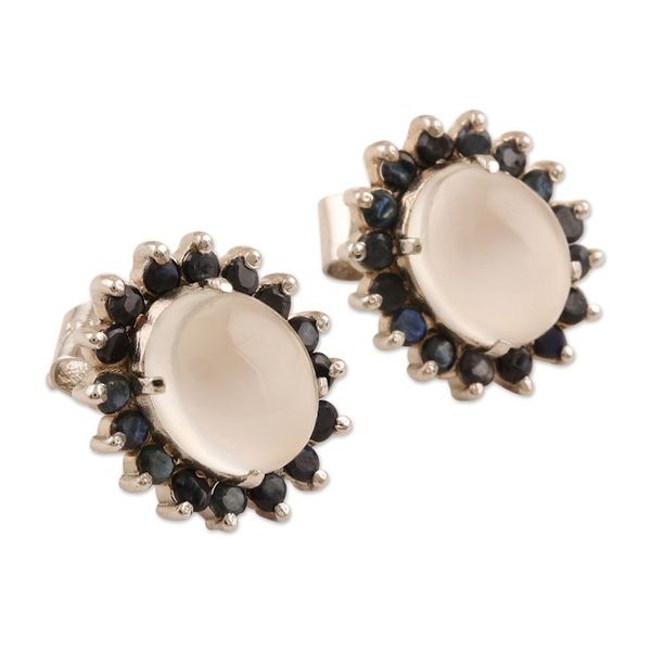 Alternate image for Rhodium-Plated Moonstone and Sapphire Button Earrings Midnight Joy
