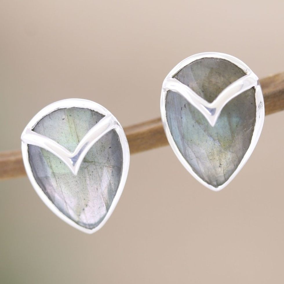 Labradorite and Sterling Silver Button Earrings 'Water Drop in Grey'