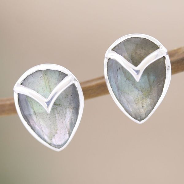 Alternate image for Labradorite and Sterling Silver Button Earrings Water Drop in Grey