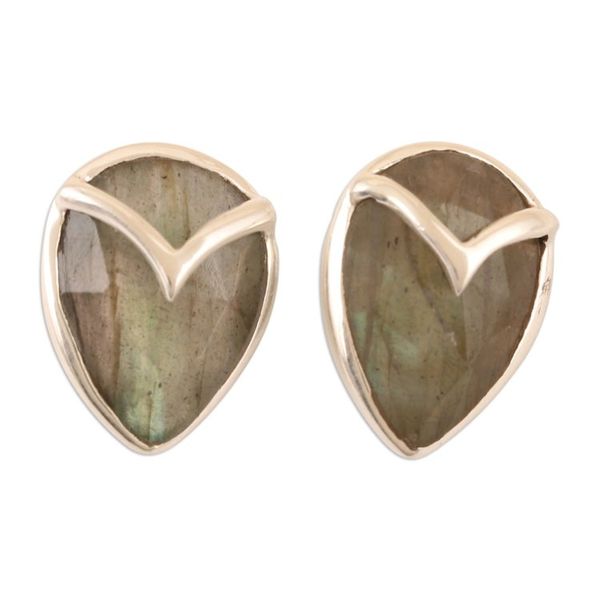 Alternate image for Labradorite and Sterling Silver Button Earrings Water Drop in Grey